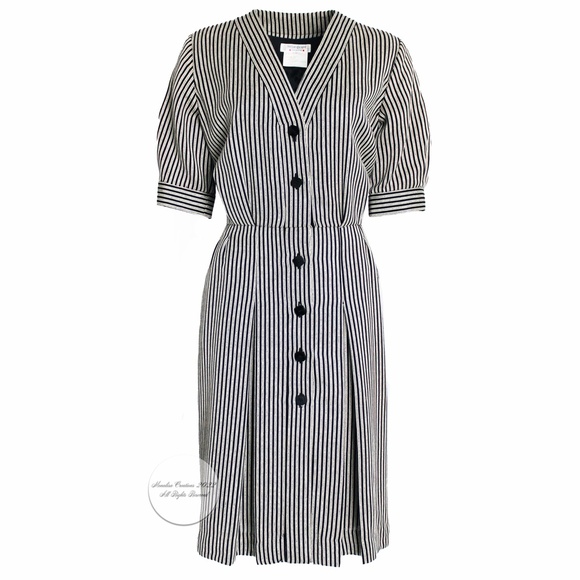Yves Saint Laurent Rive Gauche Dress Black White Stripe Wool Silk Vintage 90s 46 - Picture 1 of 11